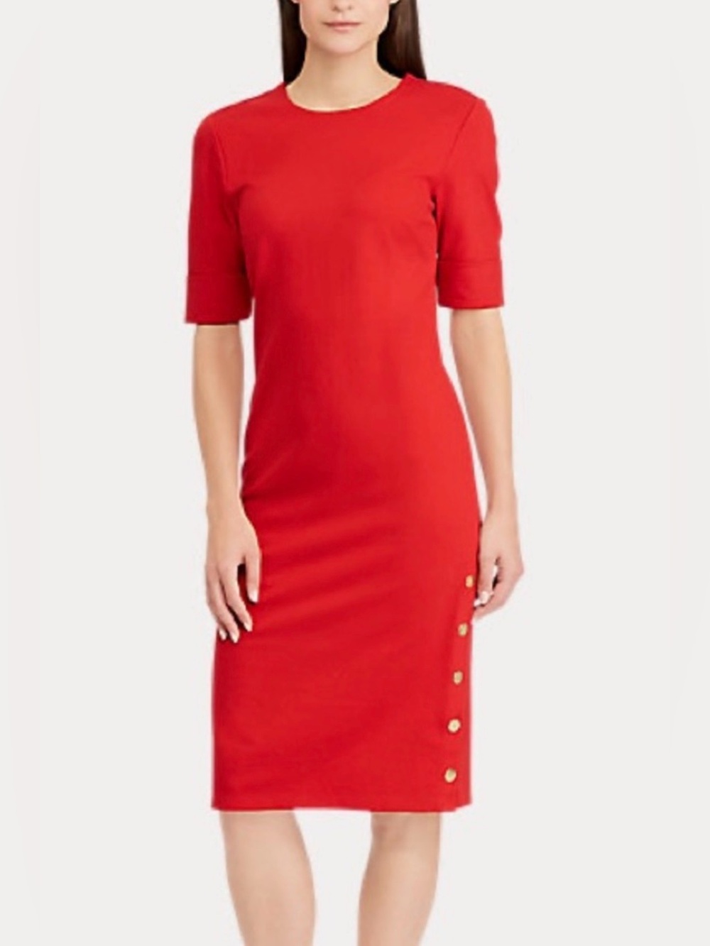 Lauren Ralph Lauren Red Buttontrim Ponte Midi Sheath Dress Cuffed Sleeves PS EUC